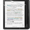 A close-up of a Kobo e-reader displaying text with a clear anti-glare matte screen protector applied.