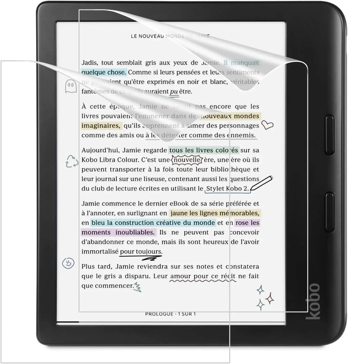A close-up of a Kobo e-reader displaying text with a clear anti-glare matte screen protector applied.