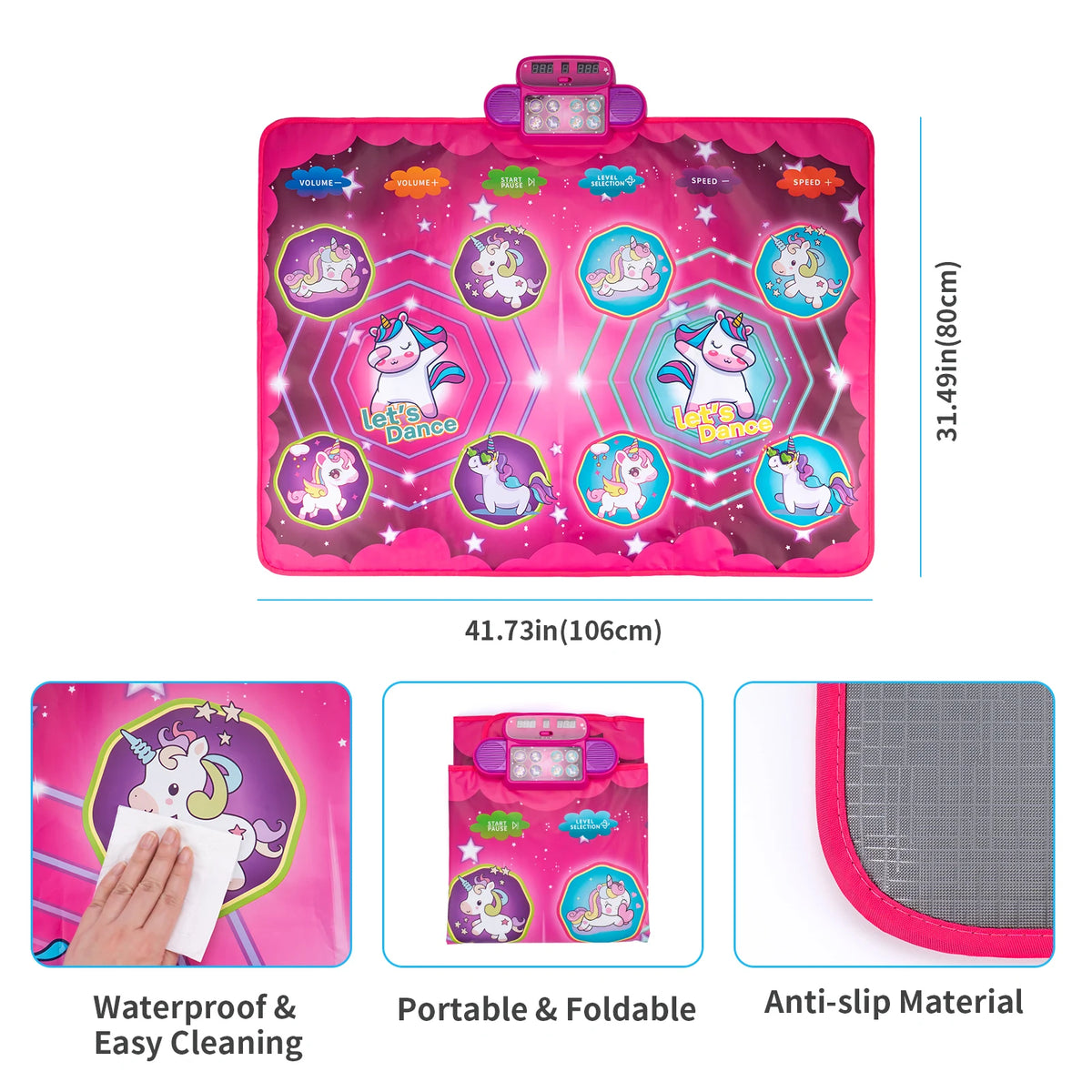 Pink interactive music dance mat with lights and anti-slip material for kids