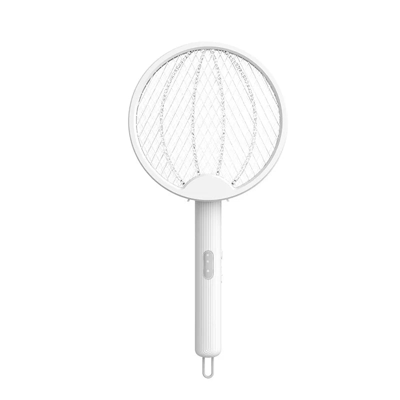 A white foldable electric mosquito swatter with a mesh head and handle.
