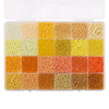 A storage box filled with various colors of 3mm acrylic rice beads arranged in a grid.