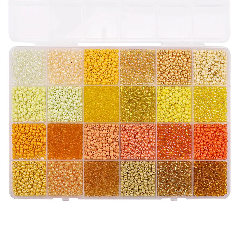 A storage box filled with various colors of 3mm acrylic rice beads arranged in a grid.