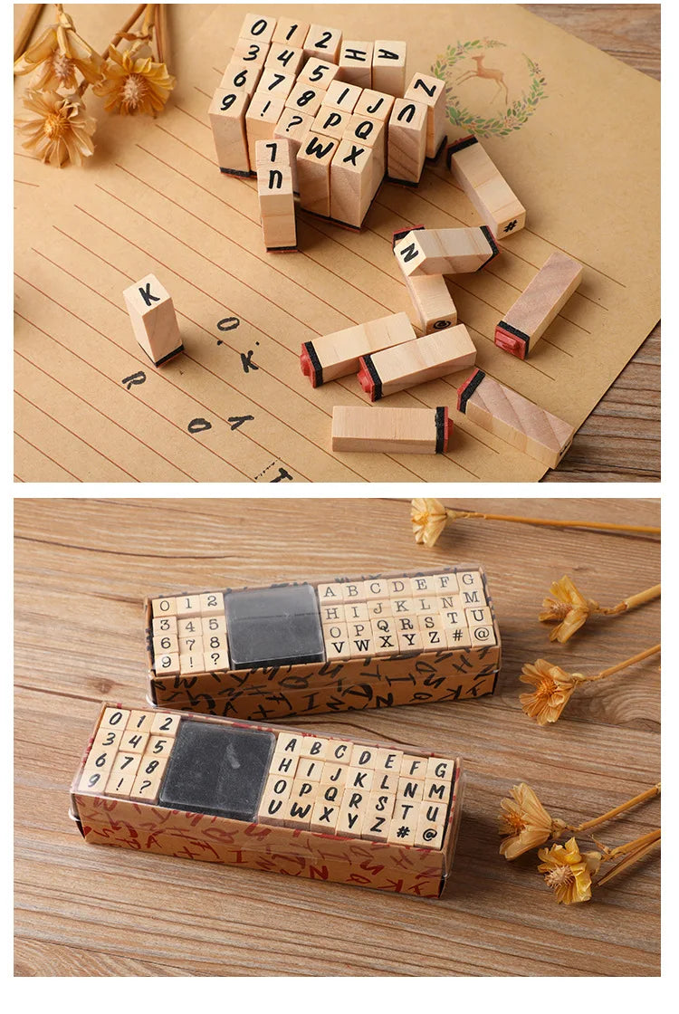 Vintage Wooden Rubber Stamp Set with Ink Pad