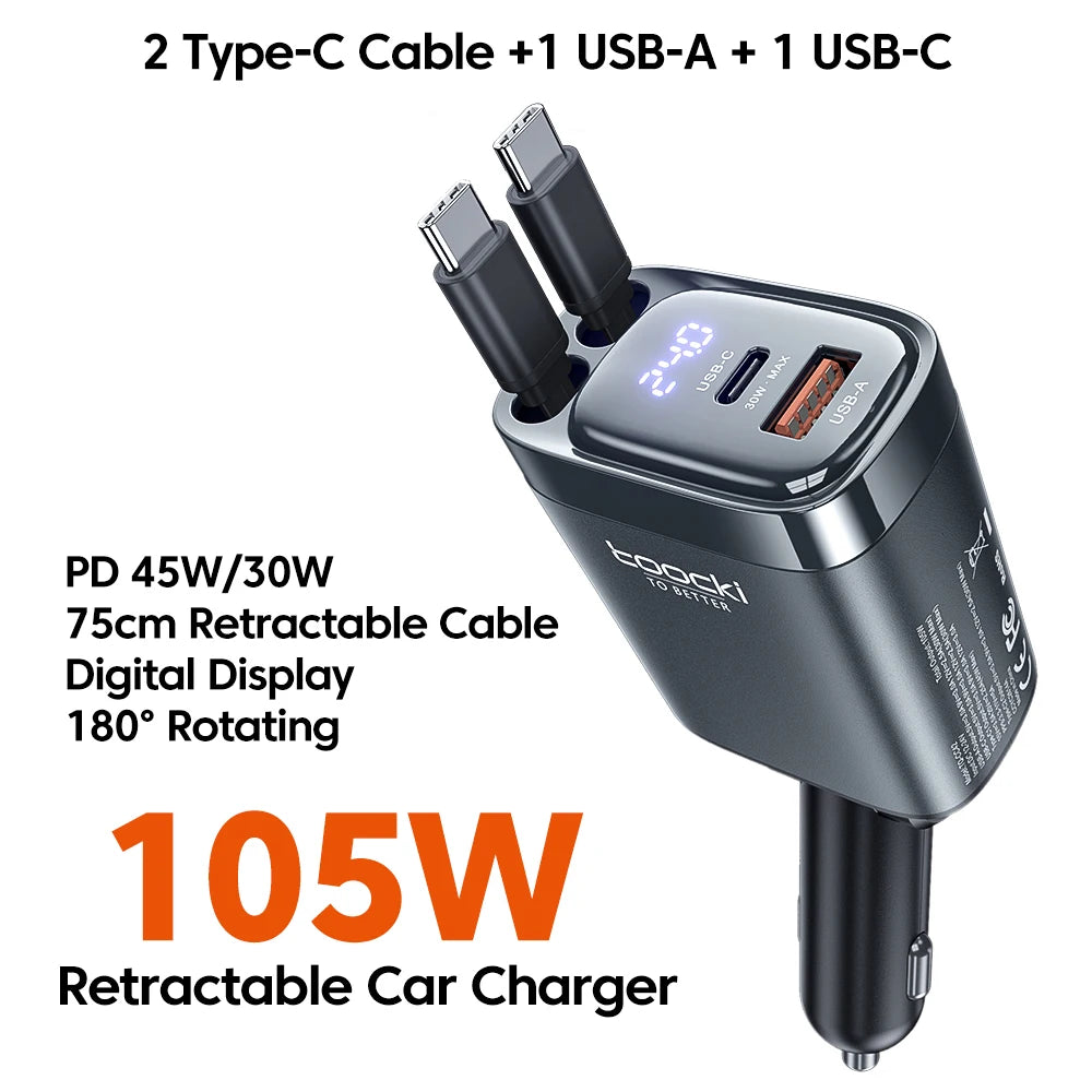A black 105W retractable car charger featuring two Type-C cables, one USB-A, and one USB-C port with a digital display.