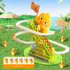 A yellow duck toy designed for stair climbing with lights and music set in a grassy outdoor environment.