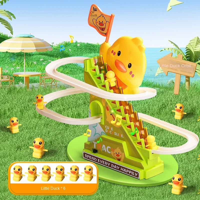 A yellow duck toy designed for stair climbing with lights and music set in a grassy outdoor environment.