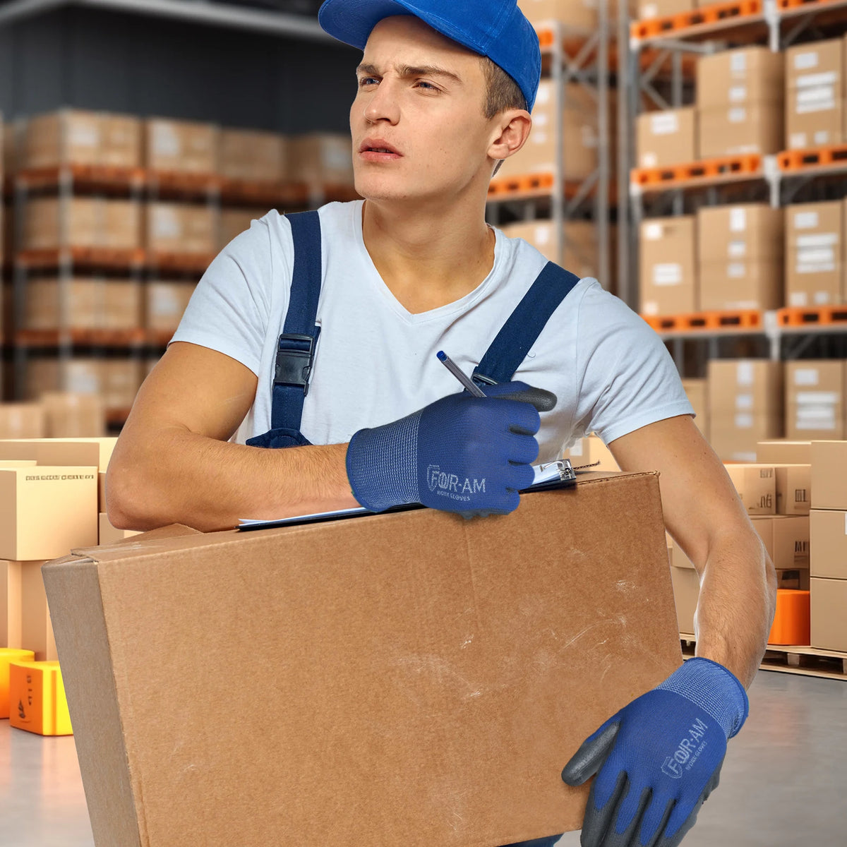 A young man wearing blue work gloves and a blue cap is handling a cardboard box in a warehouse setting.