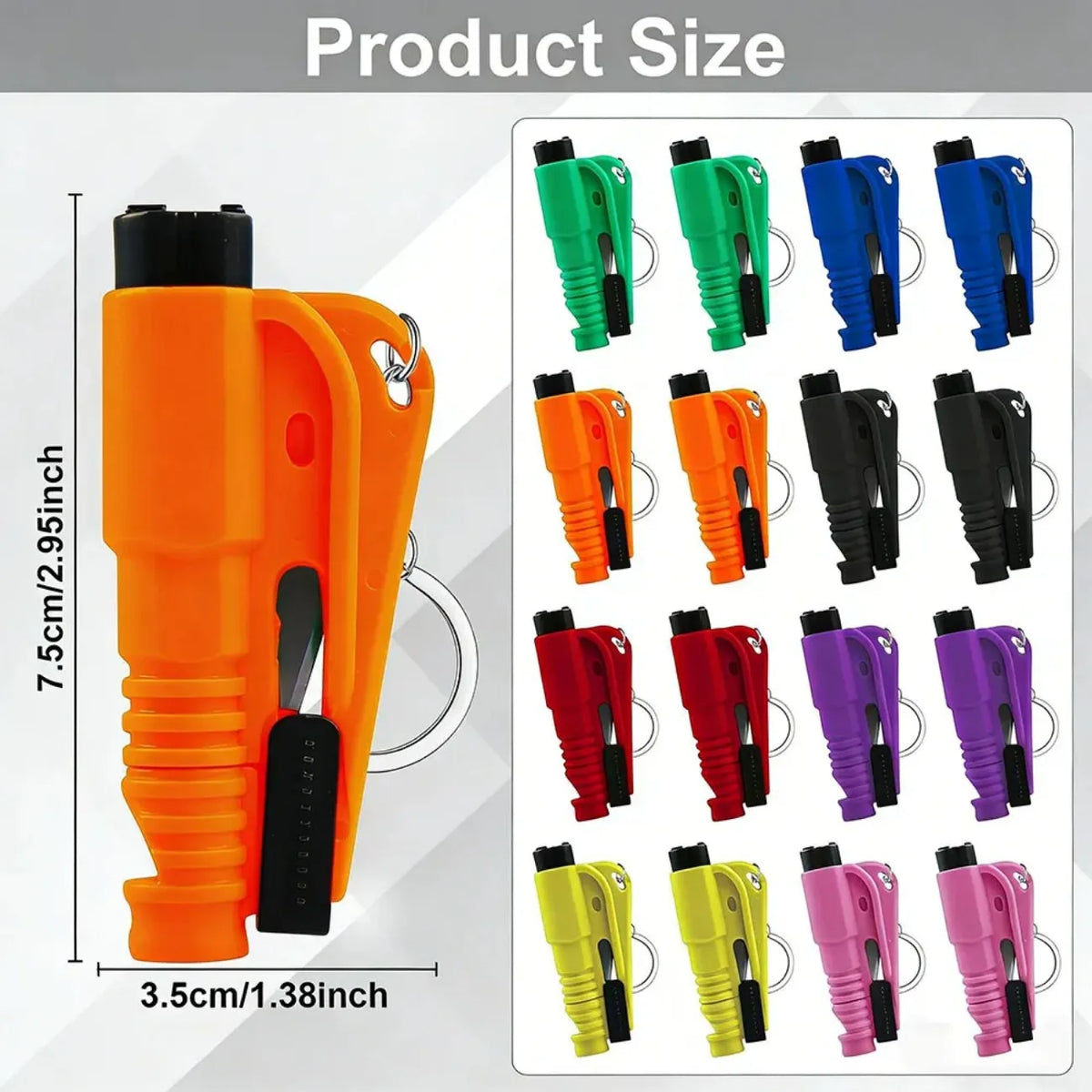 A set of 12 orange, green, blue, black, red, purple, and pink emergency tools for car escape and breaking windows.