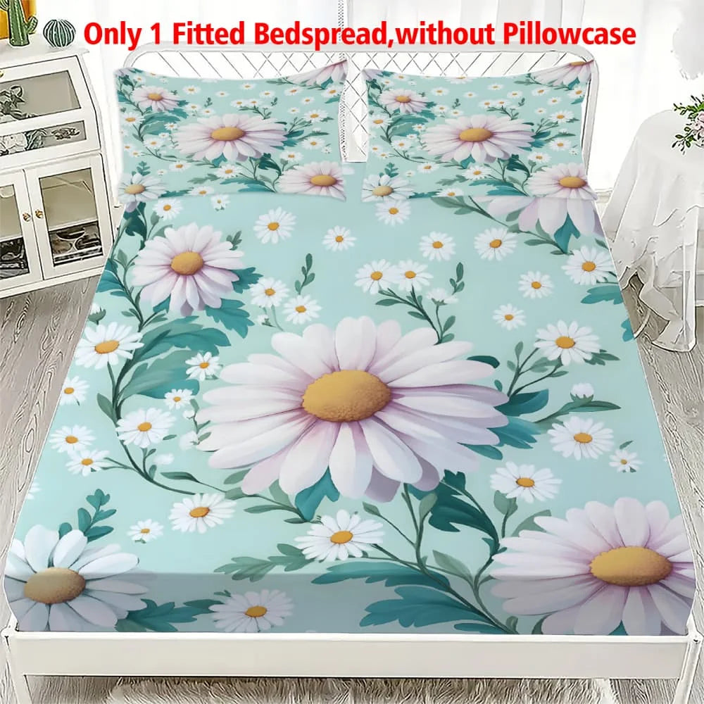 Light blue floral bedding set featuring white daisies and green leaves on a fitted bedspread.