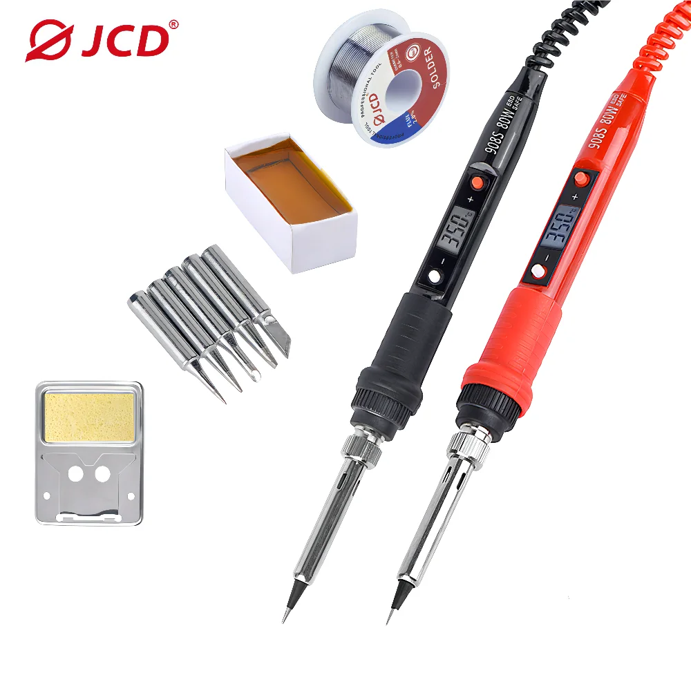 A soldering iron kit including an 80W adjustable temperature iron, soldering tip, and solder wire.