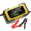 A yellow Foxsur smart battery charger unit is shown next to a red and black battery clamp.