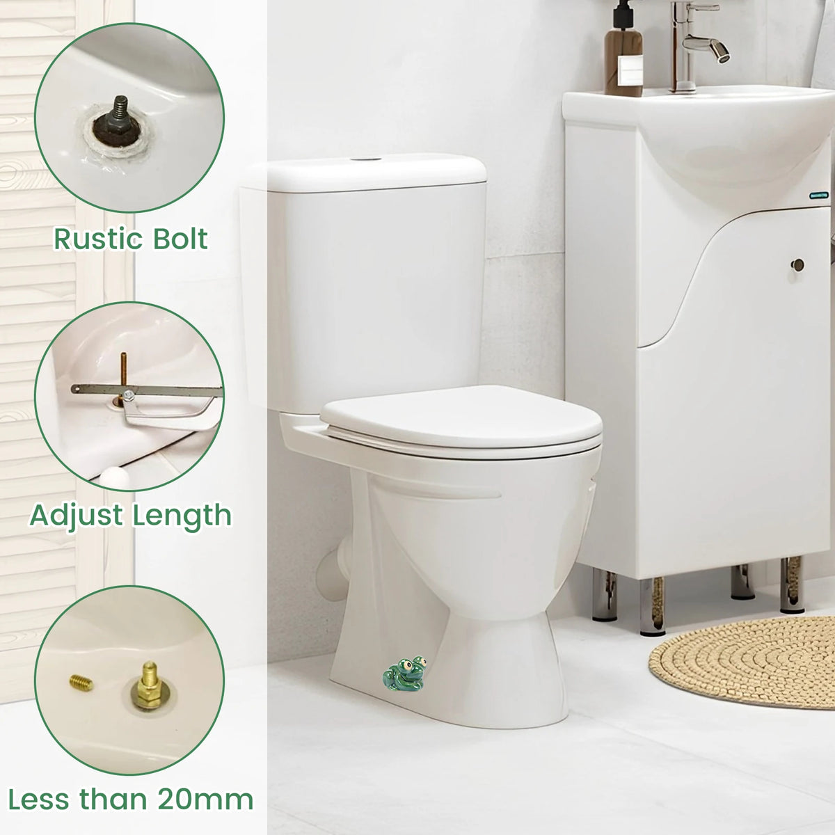 White ceramic toilet bolt covers with rustic bolt and adjustable length features shown in a bathroom setting.