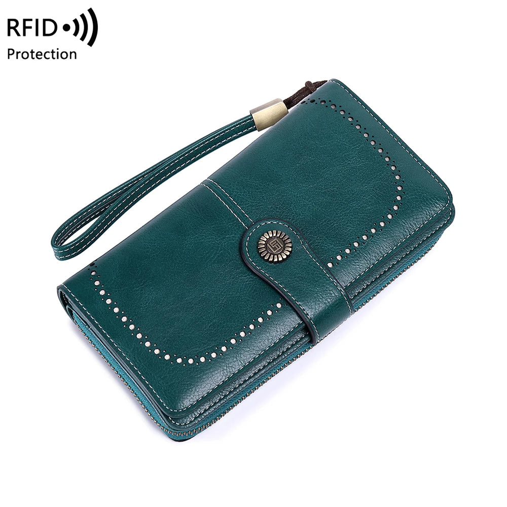 Vintage RFID-Blocking Large Capacity Wallet with Wrist Strap