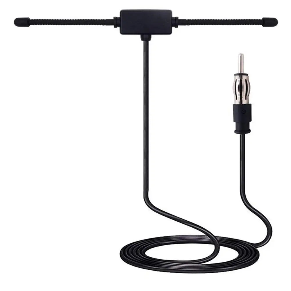 Black universal car windshield AM/FM radio antenna signal booster with a flexible cable.