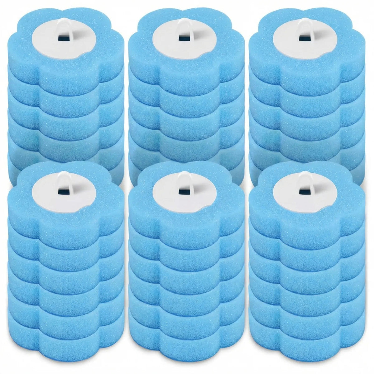 A set of blue, wall-mounted toilet brushes with disposable heads.