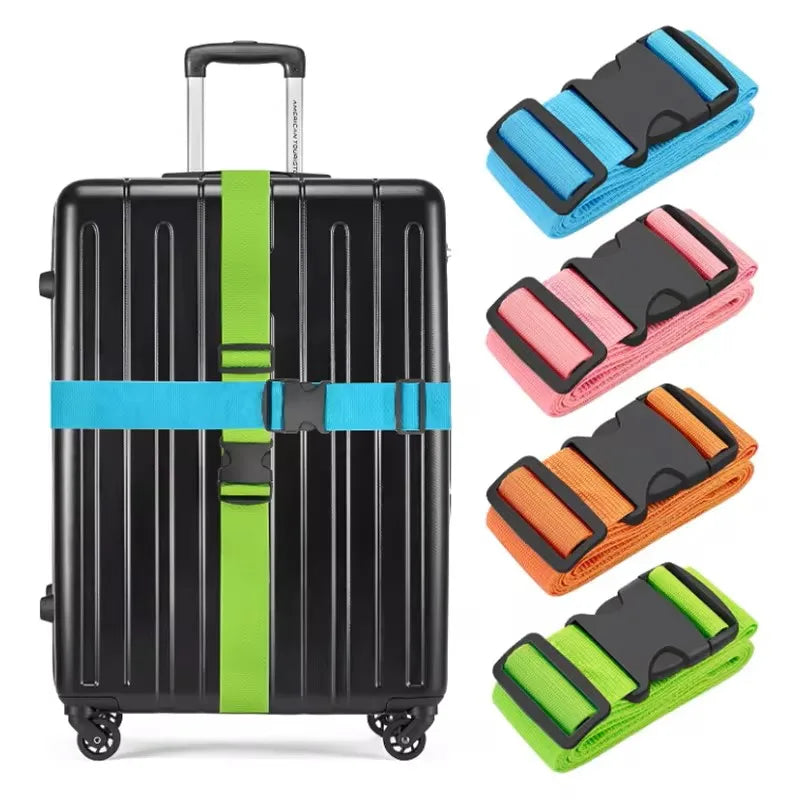 Black rolling suitcase with multiple adjustable polyester luggage straps in blue, green, pink, and orange.