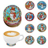 A set of eight DIY diamond art coasters featuring winter scenes and snowmen on wooden bases.