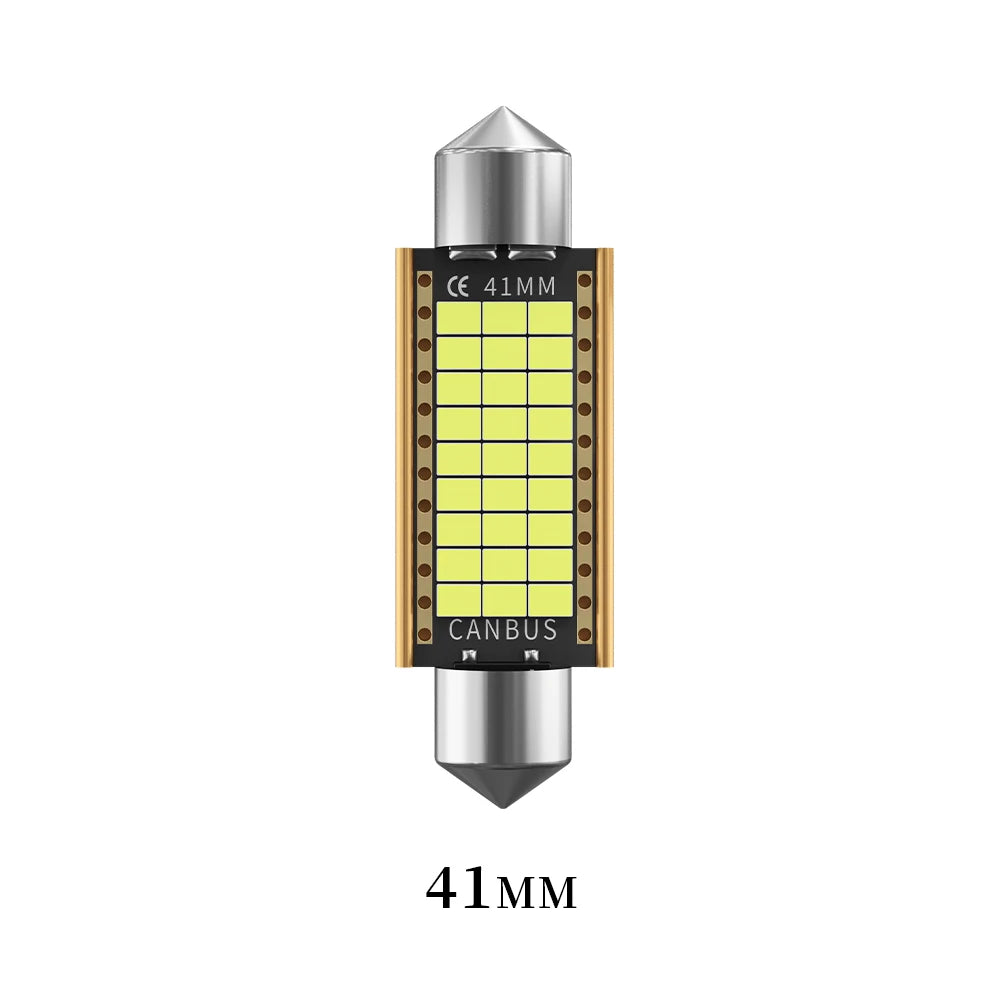 A silver LED festoon bulb with a yellow grid pattern and CANBUS connector, labeled 41MM.