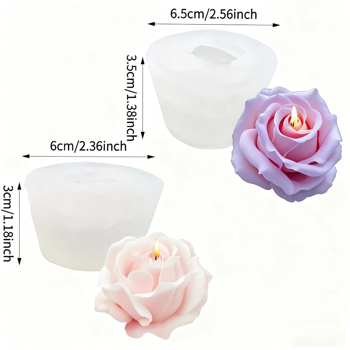 Un ensemble de moules en silicone en forme de roses pour cire de bougie, y compris une grande et une petite version.