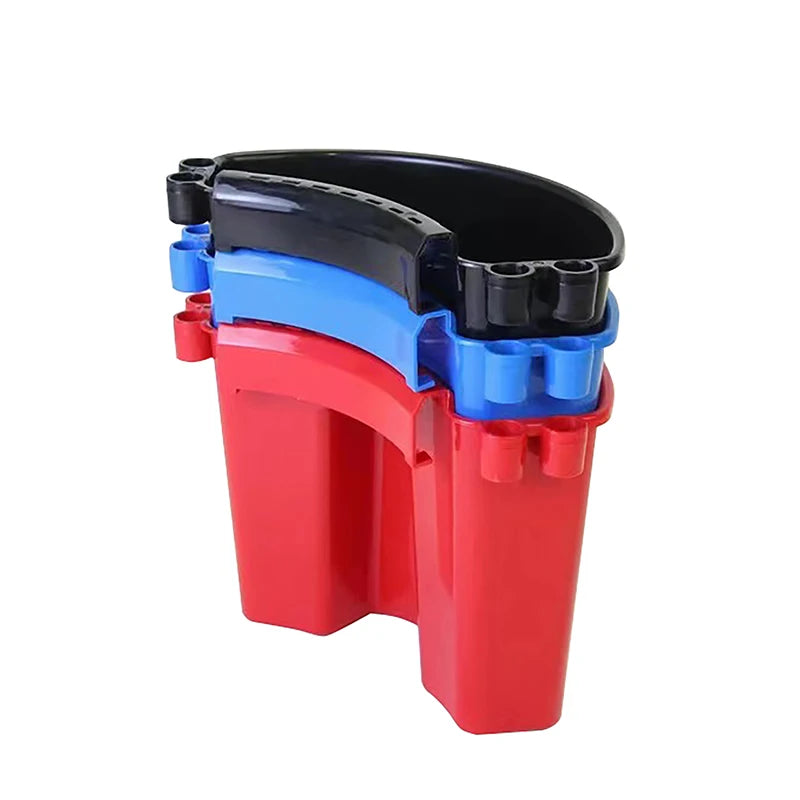 A red and blue bucket organizer caddy for holding car detailing tools.