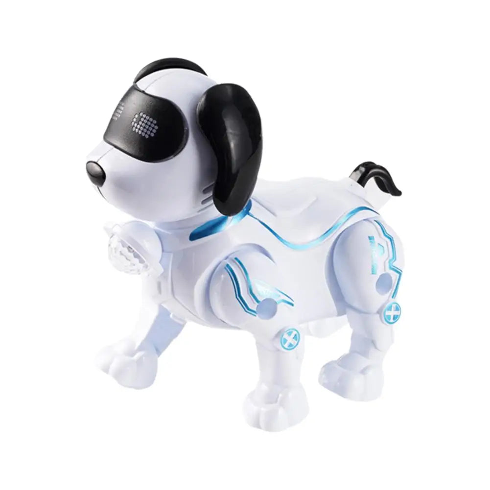 A white and black interactive remote control robot dog with large ears and glowing blue accents.