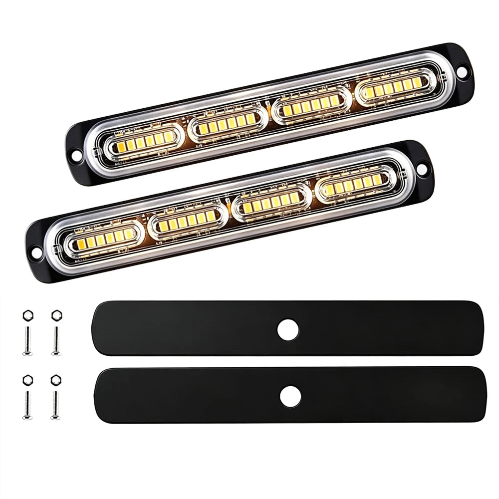 A set of two LED amber strobe warning light bars and mounting plates for vehicle use