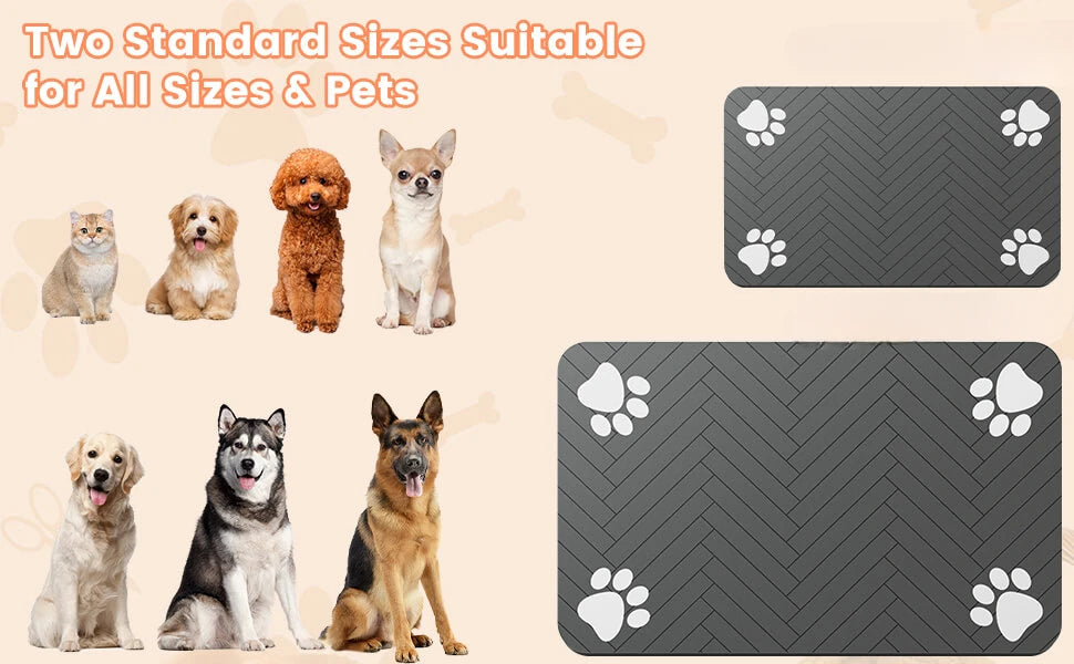 Two standard sized pet feeding mats shown next to various dogs and cats.