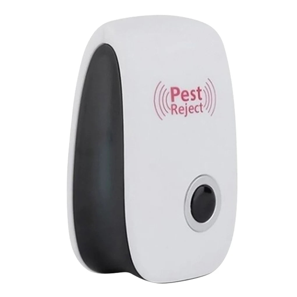 A white ultrasonic pest repellent device with a black section and a circular opening.