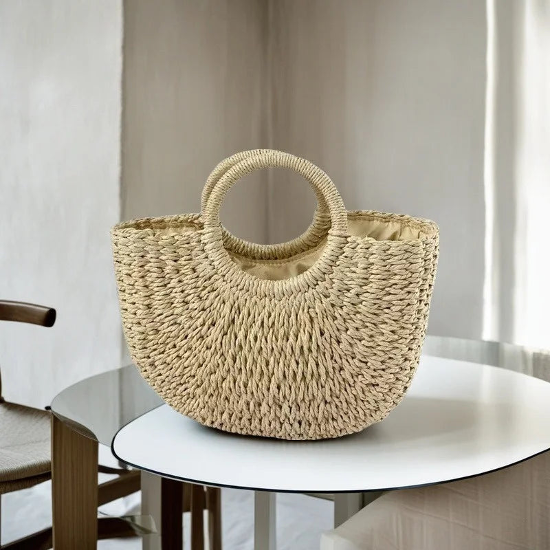 Handwoven Rattan Half-Moon Beach Bag