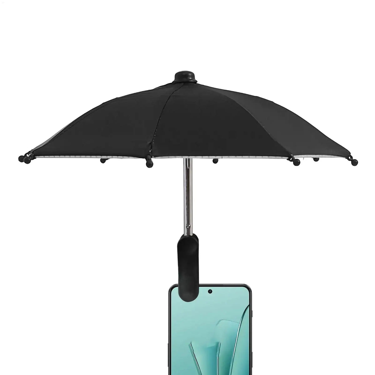 Schwarze Clip-on-Handy-Sonnenschutz mit silberrandigem Schirmdach und Ständer.