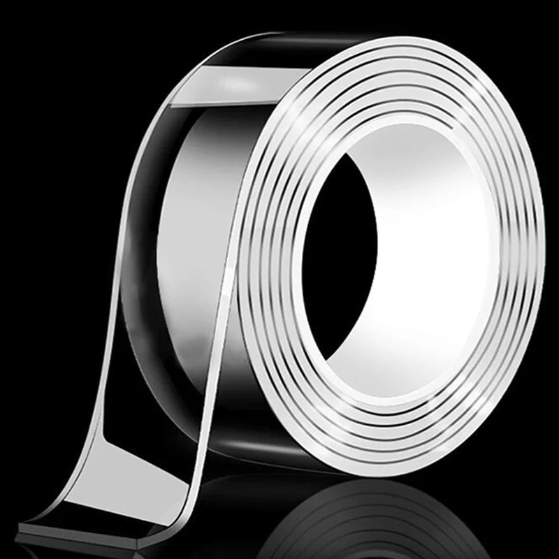 A roll of clear nano double-sided tape shown in a side profile against a black background.