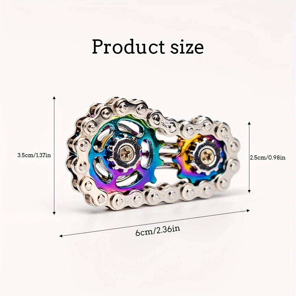 A rainbow iridescent sprocket fidget spinner made of zinc alloy, shown with dimensions.