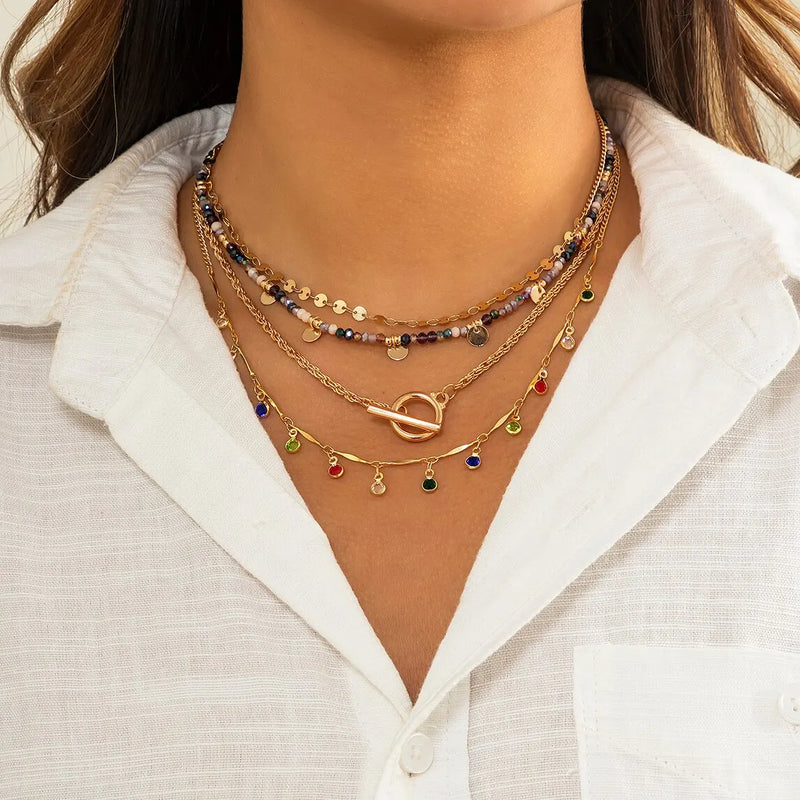 Boho Crystal Sequin Tassel Choker Necklace Set