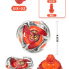 Metal spinning top battle toy featuring a red and silver design with a launcher mechanism.