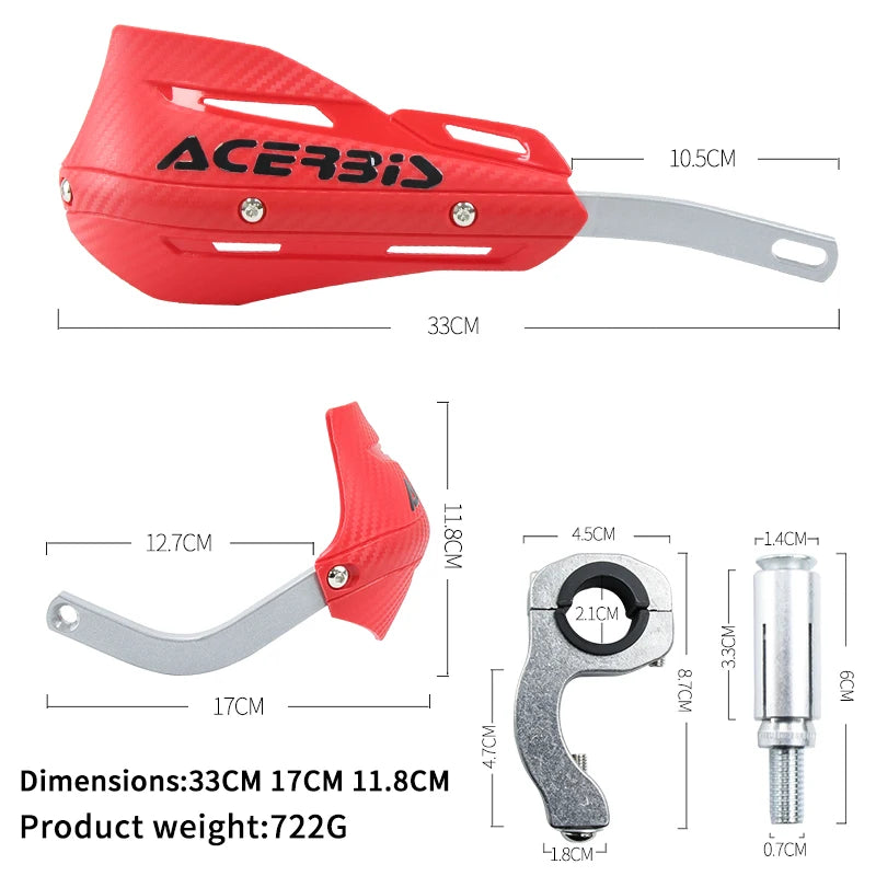 Red Acerbis motorcycle handguards with silver mounting hardware and detailed dimensions.