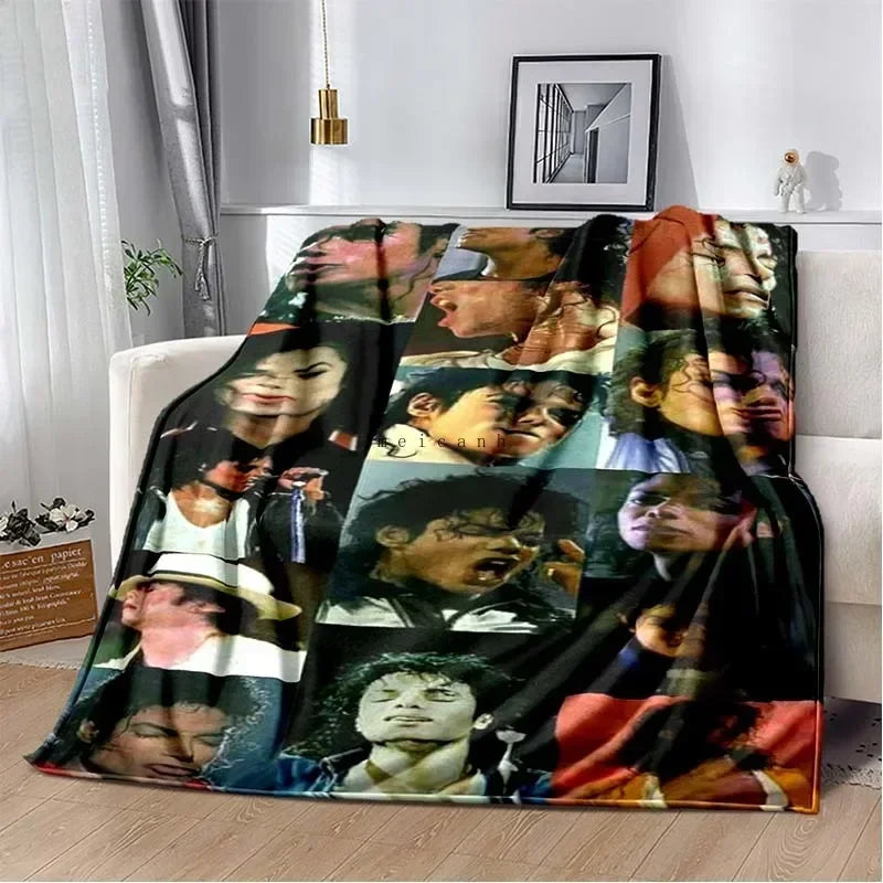 A flannel throw blanket featuring a collage of portraits of Michael Jackson in various poses and lighting.