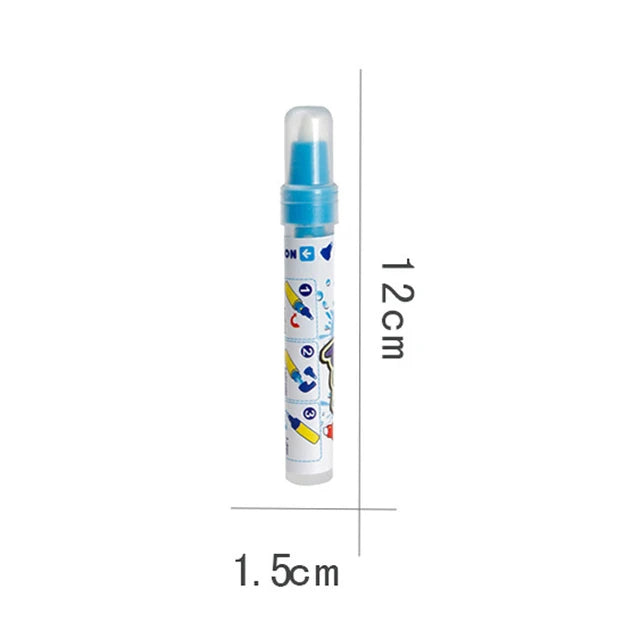 A vertical bottle-shaped reusable water drawing book for kids with a blue cap and colorful illustrations.