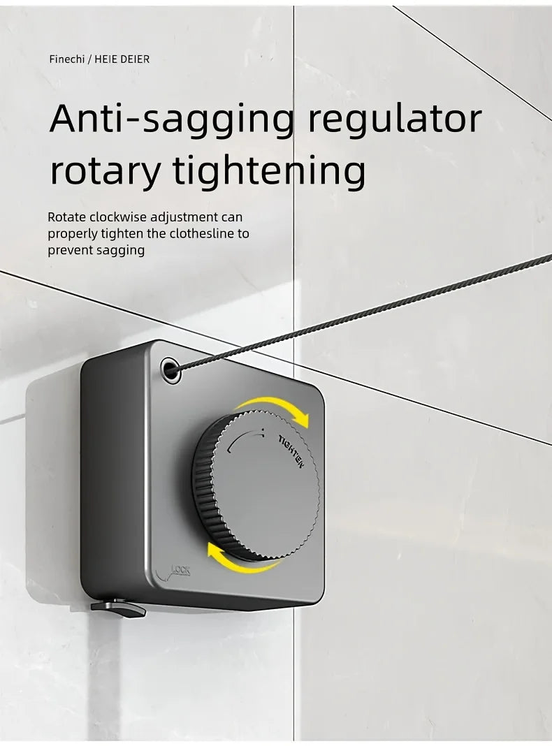 A close-up of an anti-sagging rotary tightening mechanism for a clothesline, showing a black device mounted on a white wall.