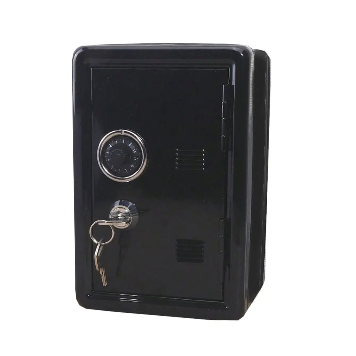 Black vintage metal piggy bank featuring a combination lock and keyhole.