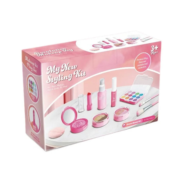A pink makeup kit box for a princess role play set with various makeup items and a portable handbag.