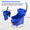 A blue commercial mop bucket with a side-press wringer and wheels is shown.