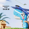 A hand holds a blue foam airplane launcher toy set demonstrating its flight range and material safety.