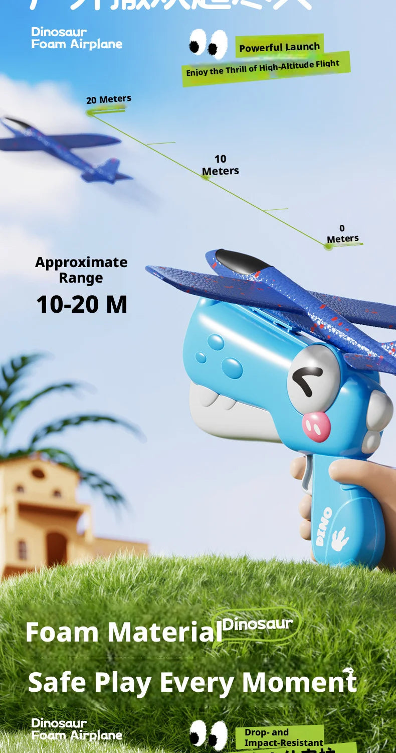 A hand holds a blue foam airplane launcher toy set demonstrating its flight range and material safety.
