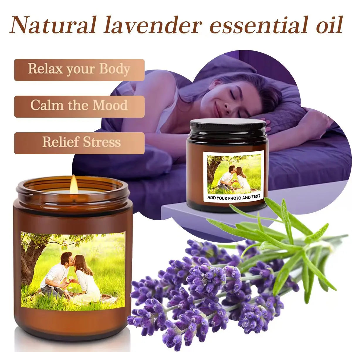 A glass jar candle with lavender essential oil and a photo insert, next to fresh lavender flowers.
