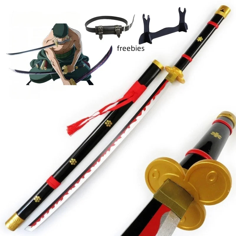 A cosplay sword set featuring a katana, a wakizashi, and accessories, with a figure of Roronoa Zoro in the background.