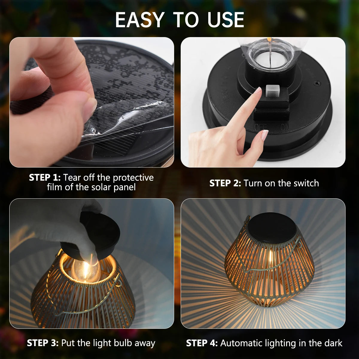 Instructions for using a solar-powered rattan lantern, showing steps to turn on the light.