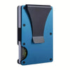 A slim blue aluminum RFID blocking wallet with a money clip shown from the side.
