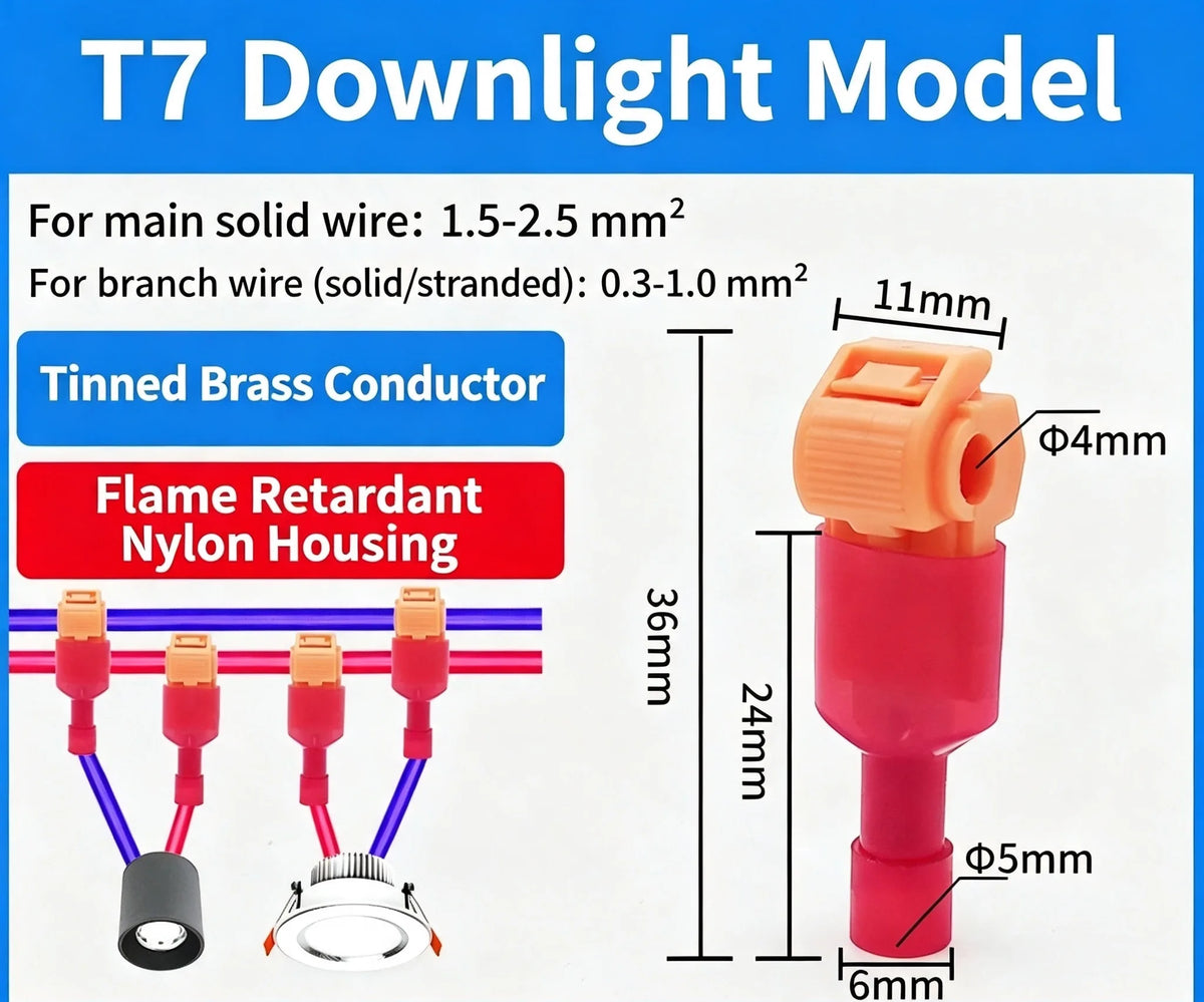 T7 Downlight Model featuring tinned brass conductors and flame retardant nylon housing for wire connections