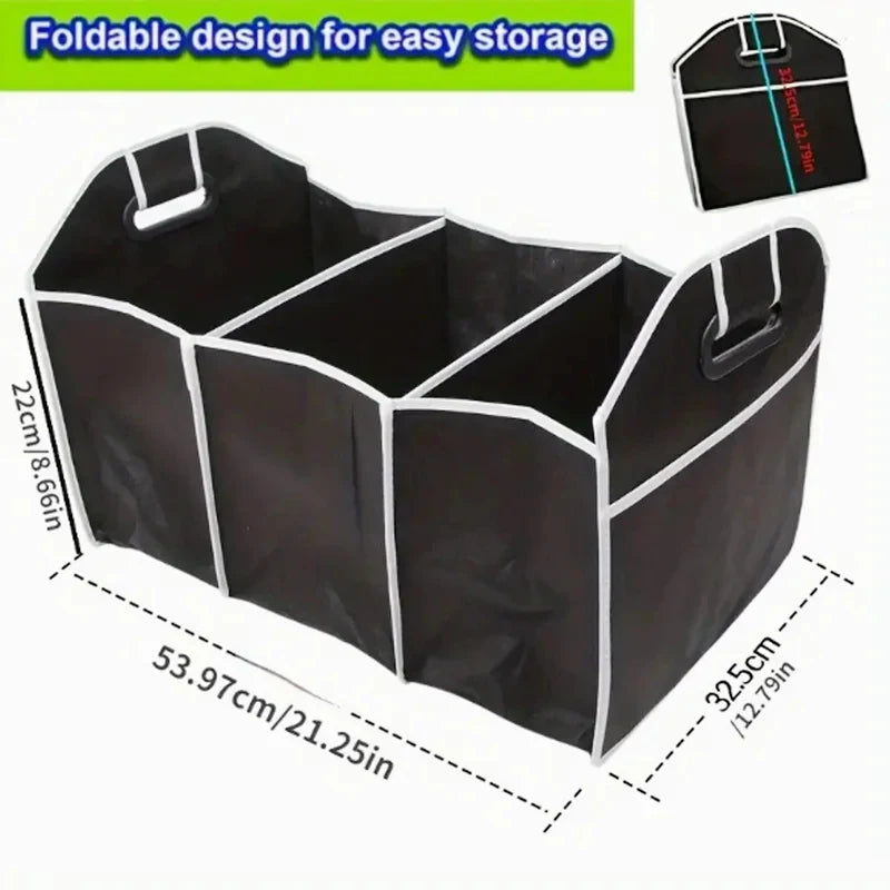 Black foldable car trunk organizer with three compartments shown from the side.