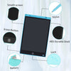A 12-inch LCD writing tablet shown with various features like a smooth screen, stylus, erase button, durable shell, lock, and